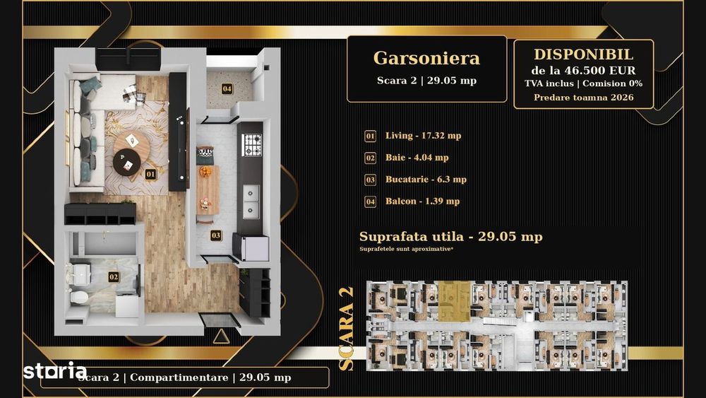 Direct dezvoltator: Garsoniera 29,05mp, 46.500€, TVA inclus