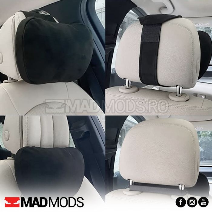 Pernute tetiera auto, reglabile, alcantara, negre, cu scai, Universale
