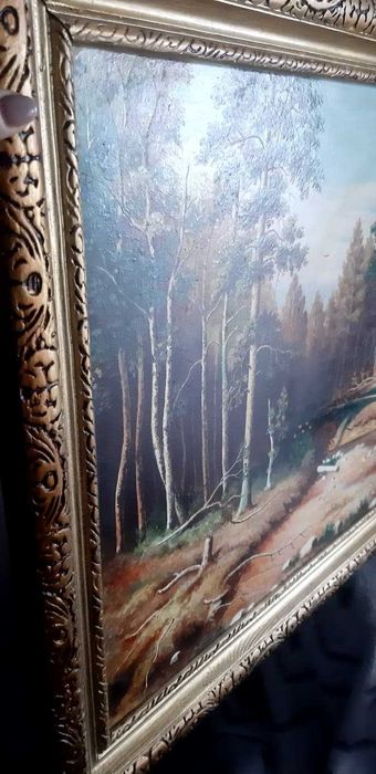 Set 2 tablouri, în ulei – Peisaje de pădure, rame aurii