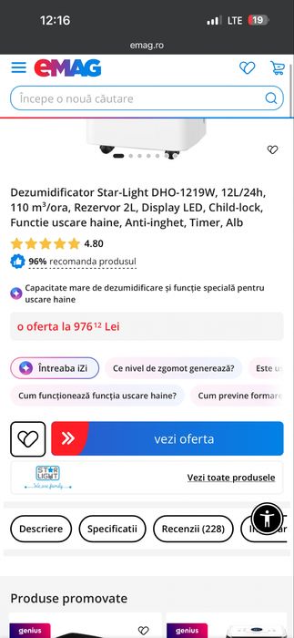 Dezumidificator Star-Light DHO-1219W, 12L/24h,