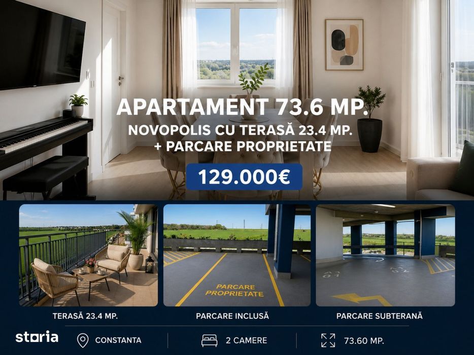 Apartament 73.6mp. Novopolis terasa 23.4mp. parcare proprie