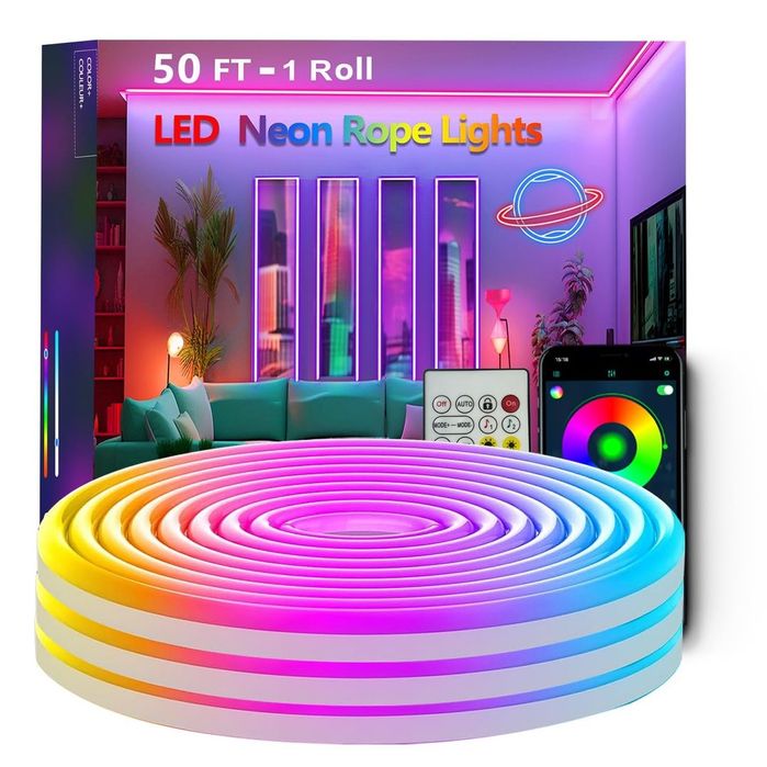 Bandă LED Neon RGB Bvokon 15m – Control prin aplicație și telecomandă