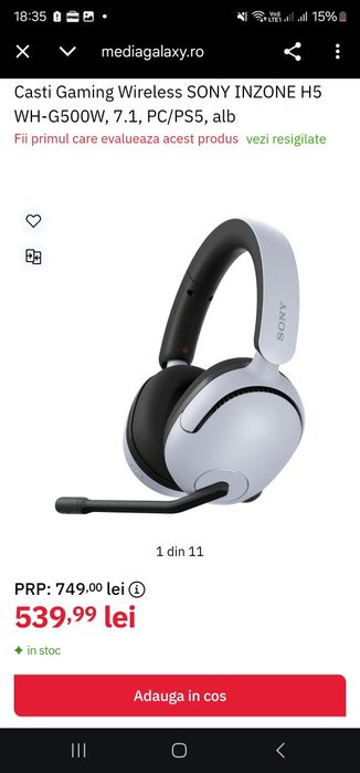 Casti Gaming Wireless SONY INZONE H5 WH-G500W, 7.1, PC/PS5, alb