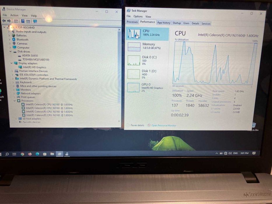 Лаптоп ASUS - SSD120GB + HDD1TB, здрава батерия