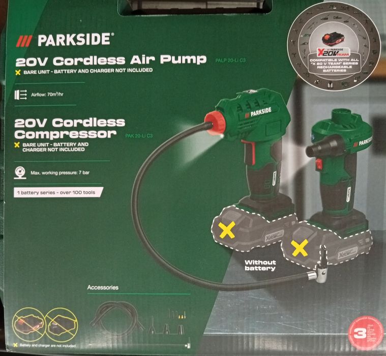 Compresor și pompa aer Parkside pe acumulator 20 V.