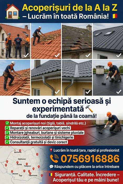 Acoperișuri și Mansardari sistem complet 
-dulgherie,mansardari, astereala
-montaj acoperis tigla metalica
Montaj invelitori țiglă metalică 
-reparati