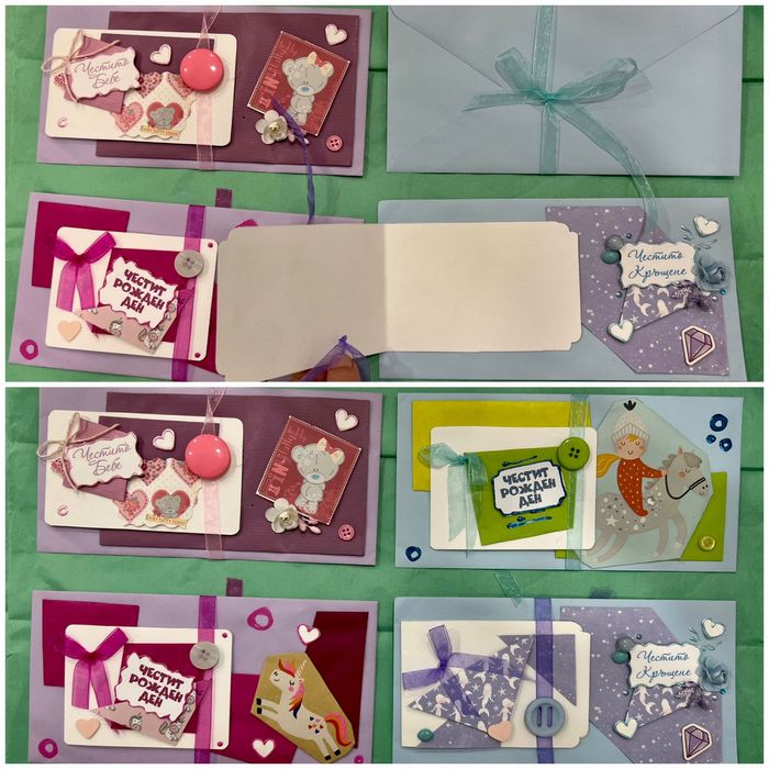 Ръчно изработени картички и пликове за сватба, рожден ден, кръщене