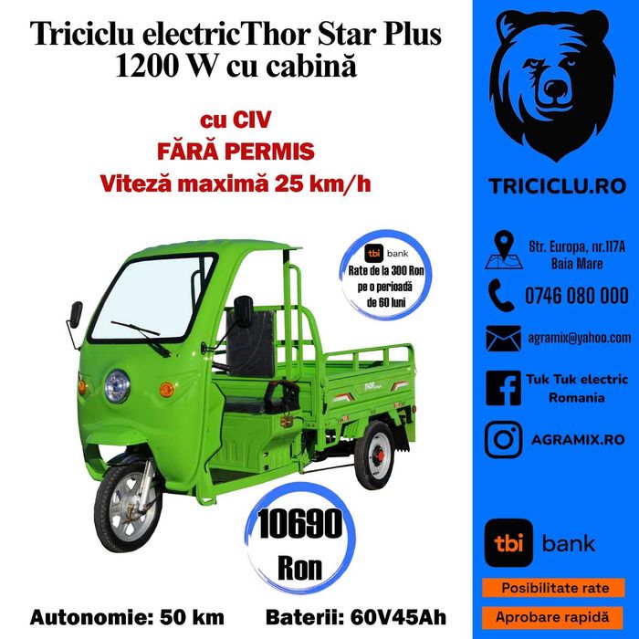 Triciclu electric THOR STAR VERDE PLUS cu cabina FARA PERMIS Agramix