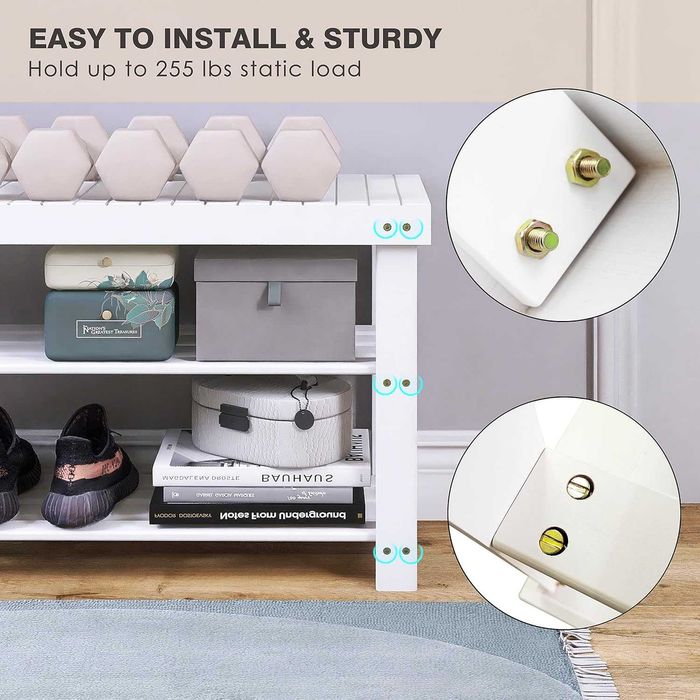 Bancuta raft pentru pantofi, din bambus, 3 niveluri, alb