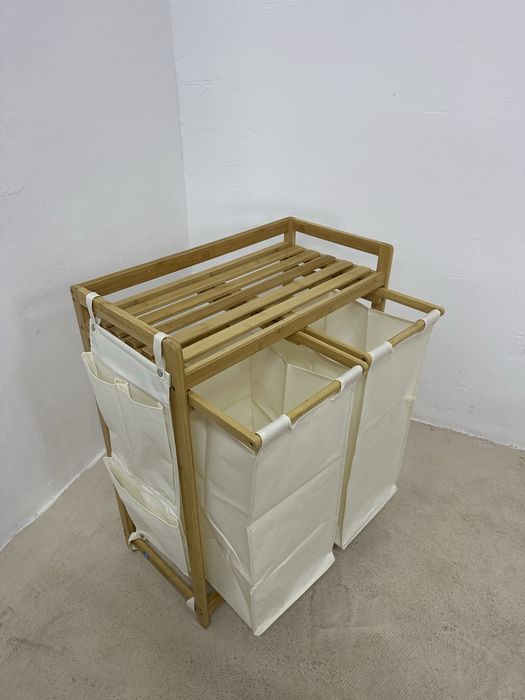 Бамбуков кош за пране SONGMICS 2x50L с рафт и странични джобове