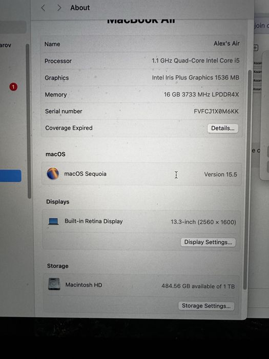 Macbook air 2020 i5 16gb  1Tb