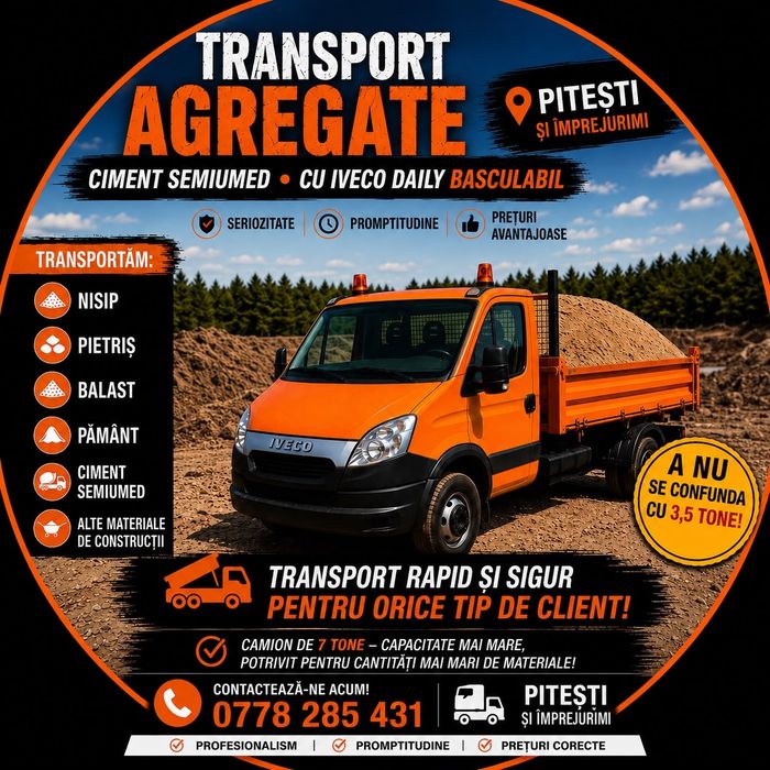 Transport agregate,inchiriere miniexcavator,mranita(balegar 3-4ani)ciment  semiumed cu basculabilă 7 tone – Pitești