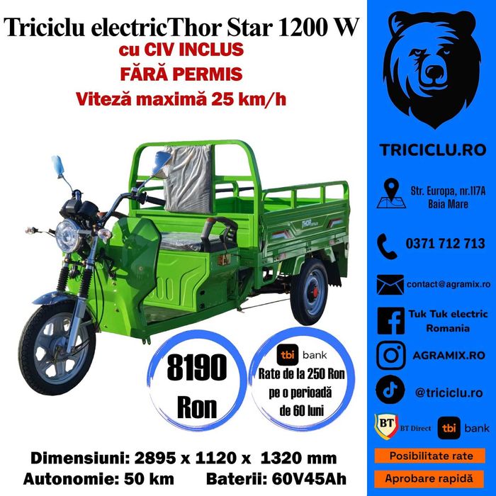 Triciclu electric Thor STAR VERDE fara cabina CIV inclus Agramix