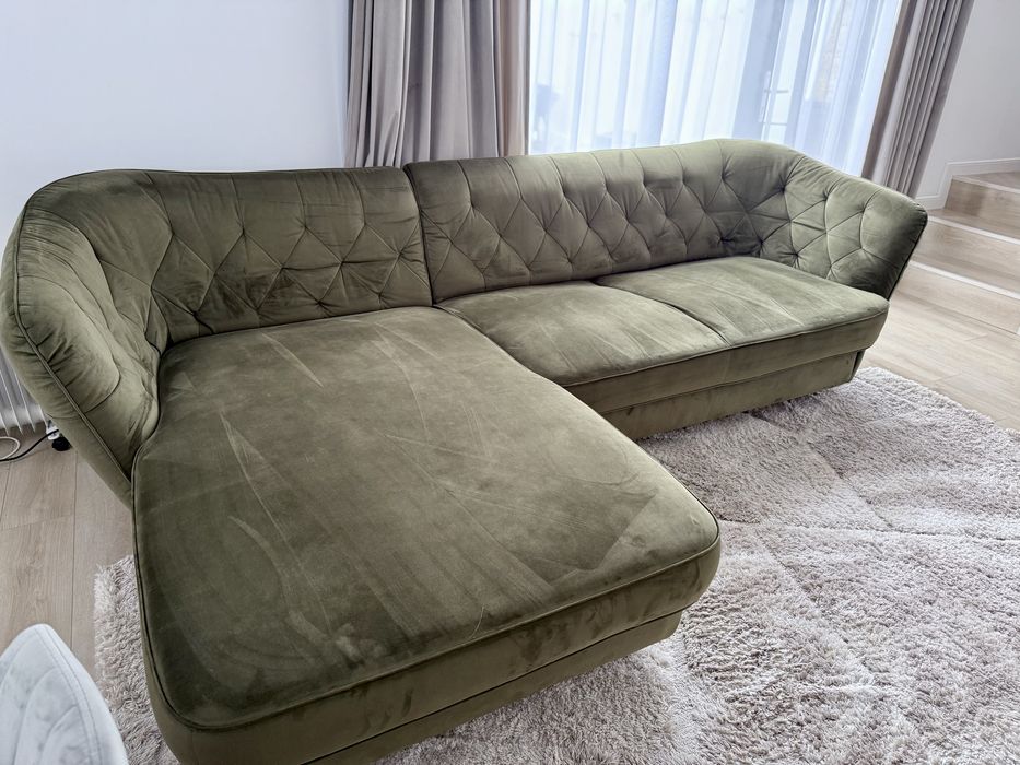 Canapea catifea verde, extensibila + lada depozitare