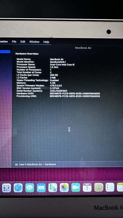 Macbook Air 6.1 Mid 2013 A1465 i5 1.3Ghz 4GB RAM 128gb ssd 1,5gb video