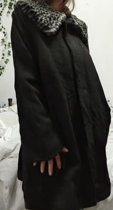 Palton lână și cașmir elegant cu guler blană