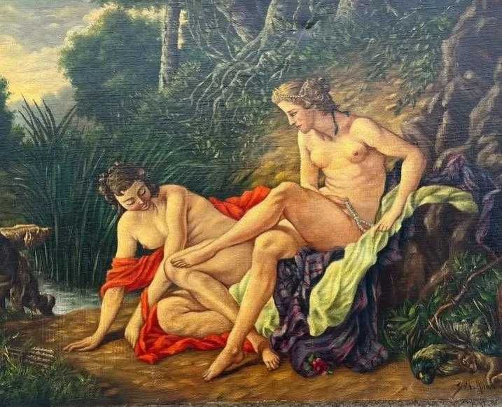 Tablou pictat manual, reprezentând o scenă pastoral-mitologica