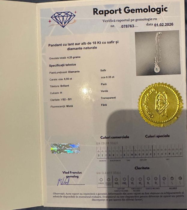 Lanț cu Pandantiv Aur 18K, Safir Verde 0.35 Ct și Diamante 0.55 Ct + Certificat