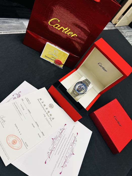 Ceas Cartier skeleton design quartz bărbați brățară metalică full set cutie acte