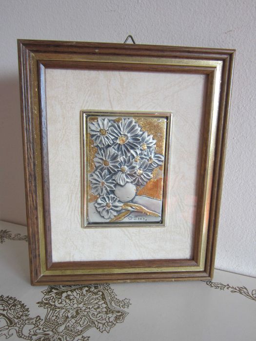 cadou rar tablou mic Flori pe placa argint 999, foita aur Italia 1960
