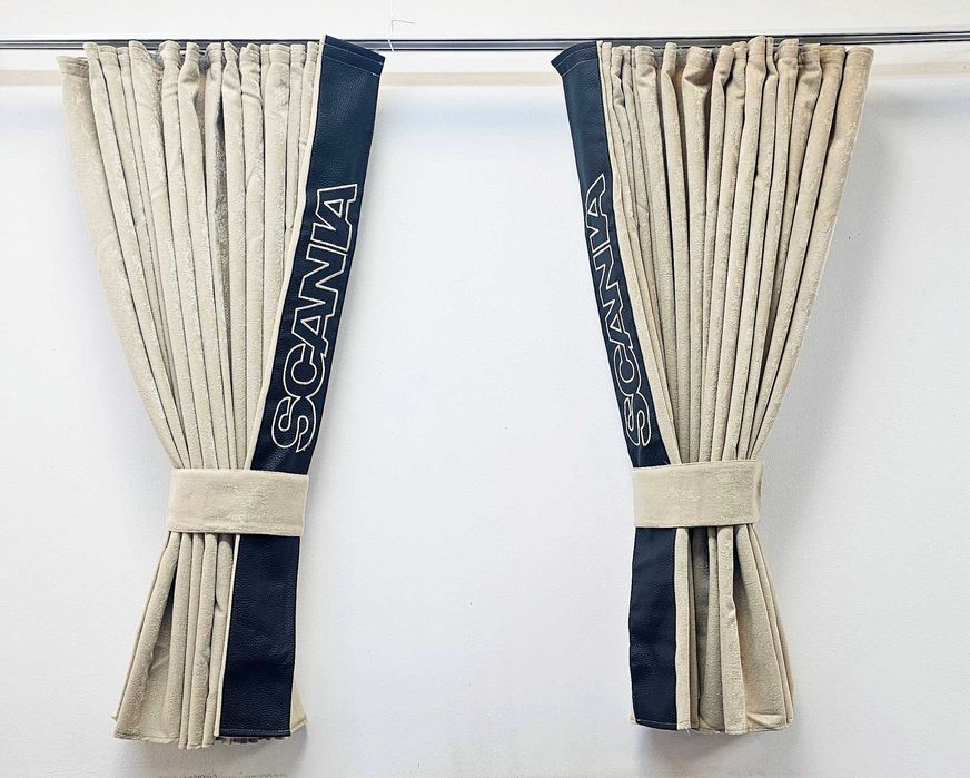 Бежови пердета за камиони SCANIA с кожена лента+кукички холандско чело