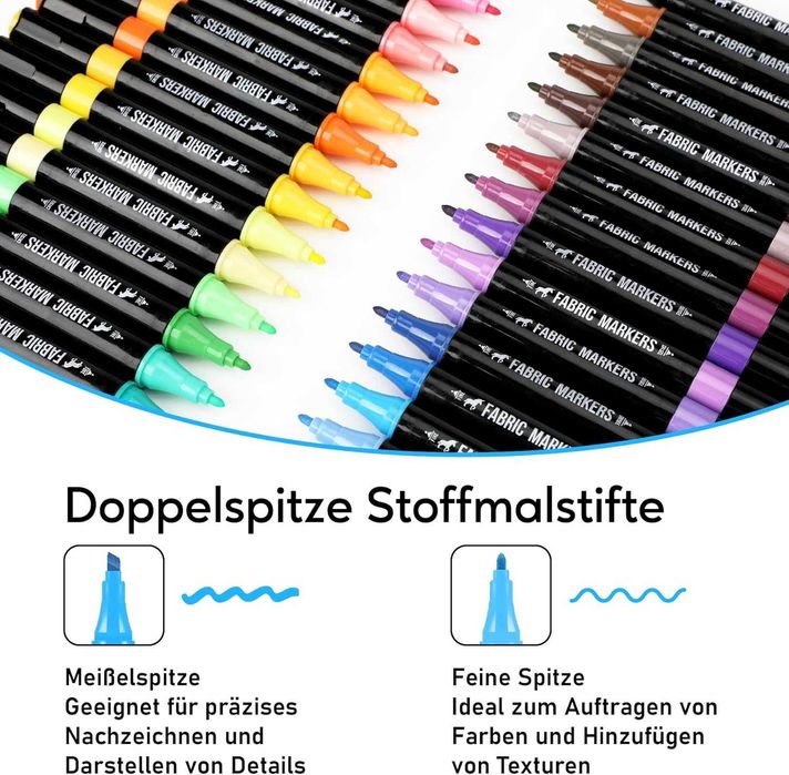 Set 40 Markere Textile cu Vârf Dublu, Permanente și Lavabile la Mașină