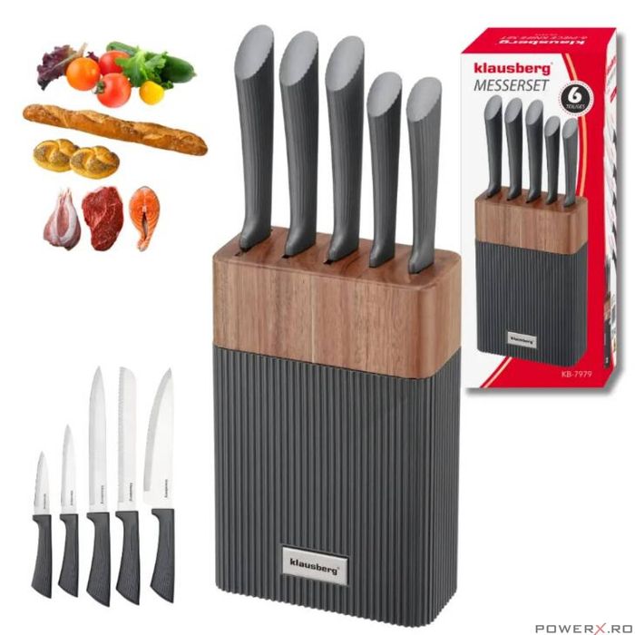 Set de cutite 6 piese cu bloc de salcam, otel inoxidabil, Klausberg