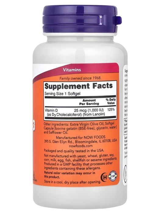 Vitamin D-3 1000 МЕ 180 капс, Витамин Д, Vitamin D3, Now Foods Америка