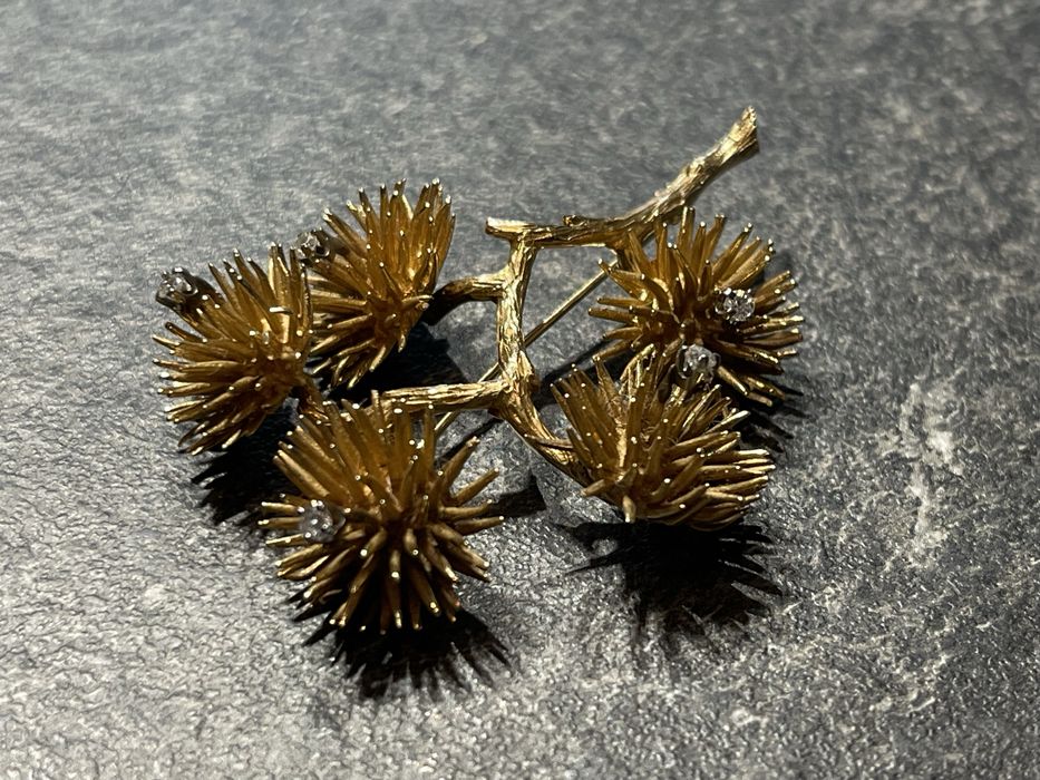 Broșă vintage aur 14k + diamante