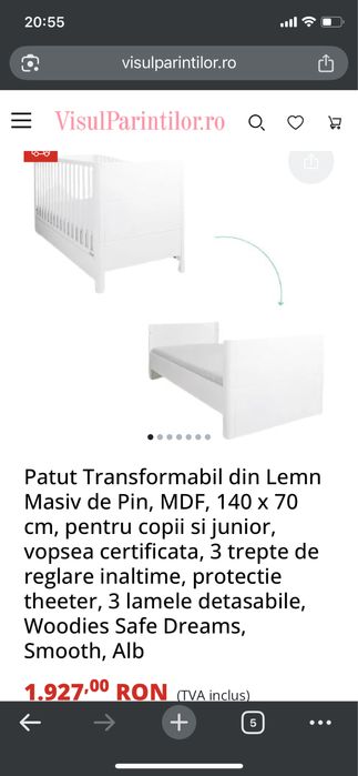 Patut Transformabil din Lemn Masiv de Pin, MDF, 140 x 70