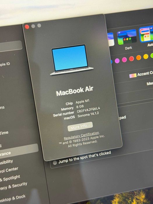 MacBook Air 13.3" M1 / 8GB RAM / 256GB SSD — Argintiu (Silver) 88% baterie