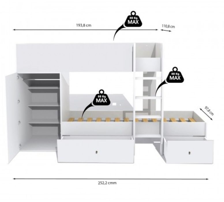 Pat suprapus 90x190 cm, cu dulap si 2 sertare, 2 saltele DORMEO