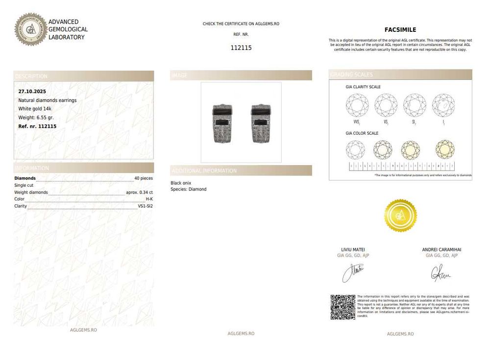 Pereche de cercei Art Deco din aur alb, decorată cu onix și diamante