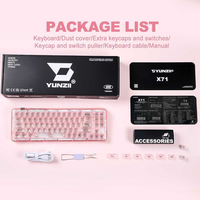 Механична клавиатура YUNZII X71 Безжична Прозрачна Розова