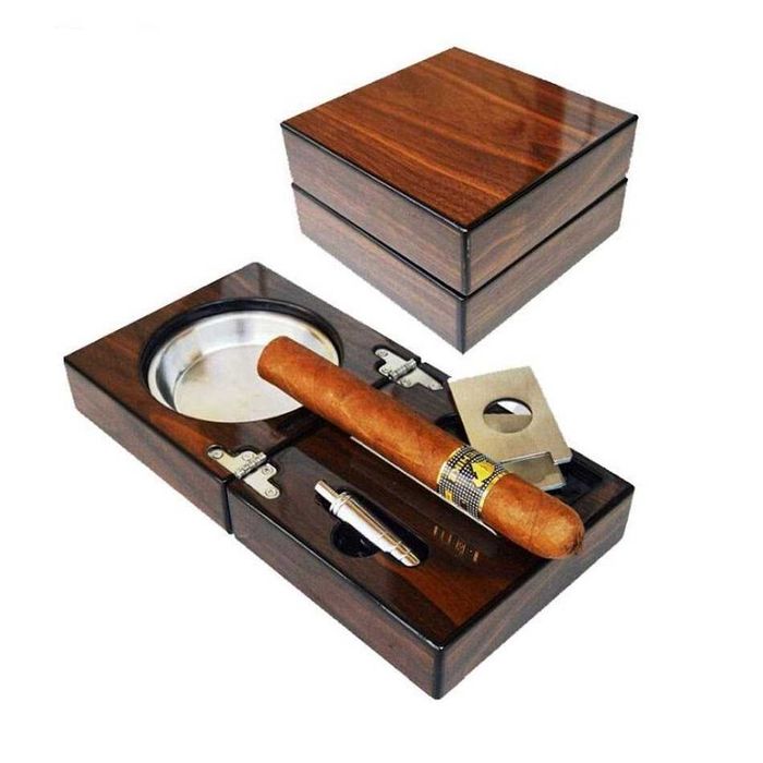 Кедров пепелник със стойка, ножица и пънчър за пури