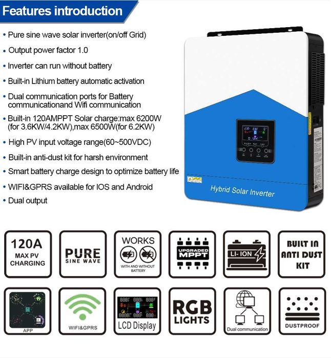 Wifi Хибриден Соларен Инвертор 6.2 KW + 120А МРРТ (48v-51.2v) каравни стационарни фургони