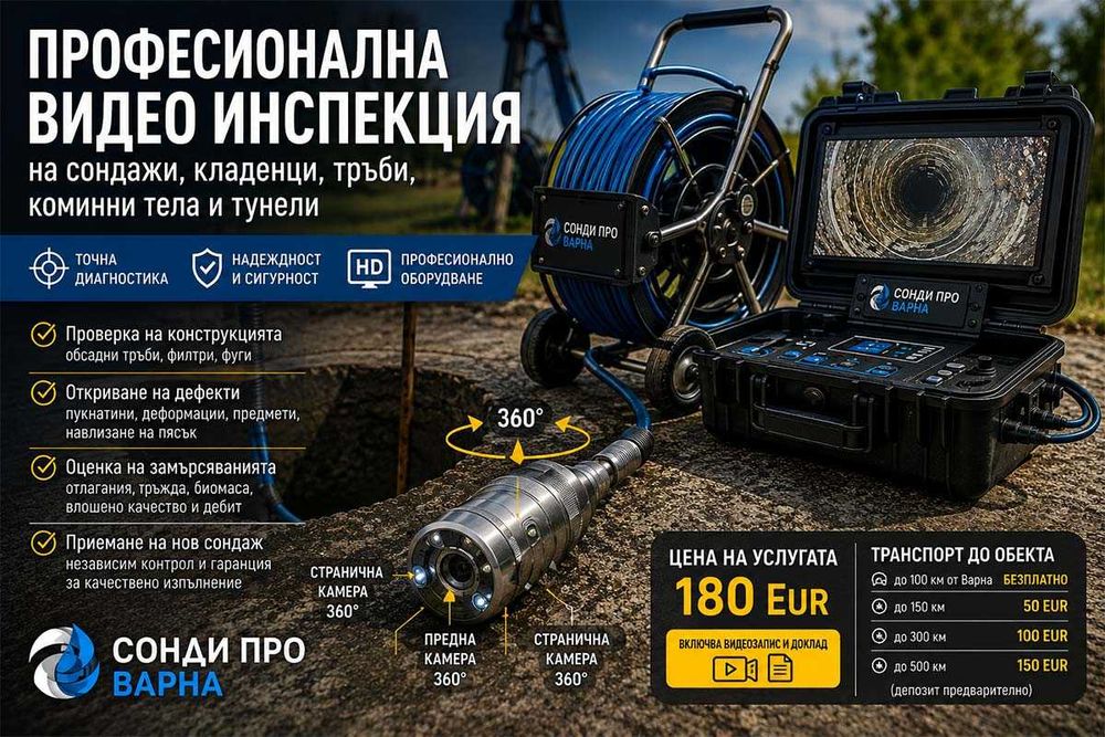 Видео инспекция на сондажи, кладенци, тръби, коминни тела и тунели