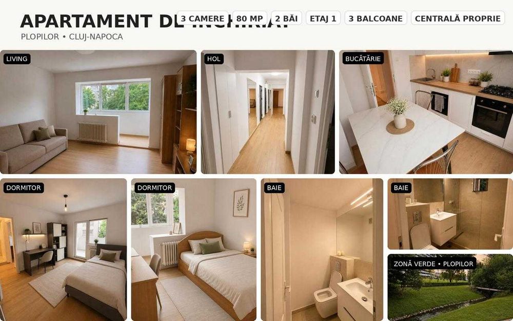 Proprietar inchiriez Apartament Plopilor 3 camere, 80 mp