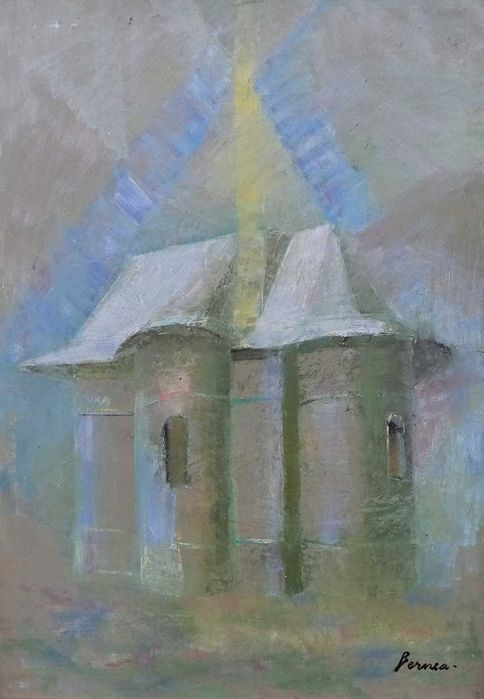 Tablou vechi - biserica - semnat Bernea