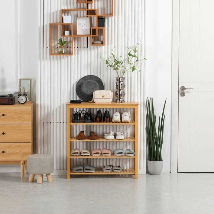 HOMCOM Стелаж за обувки с 4 рафта, бамбук, летви, до размер EU 45