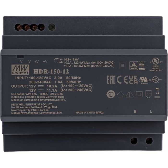 Mean Well HDR-150-12 — 12 V / 150 W DIN-ray Quvvat Manbai