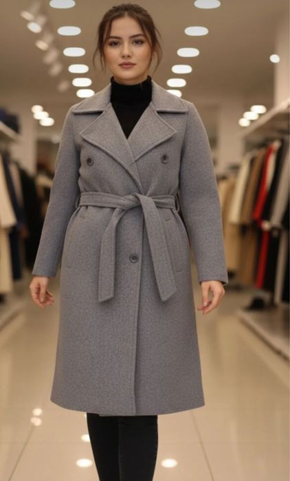 Gray Belt Detailed Pocketed Buttoned Double-Breasted Cashmere Coat