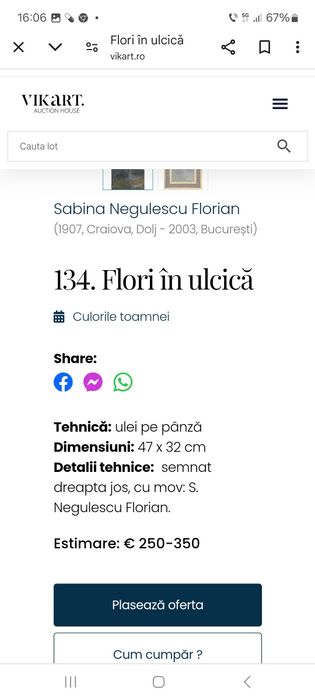 Pictură "Flori în ulcică",Sabina Negulescu Florian(1907 -2003)