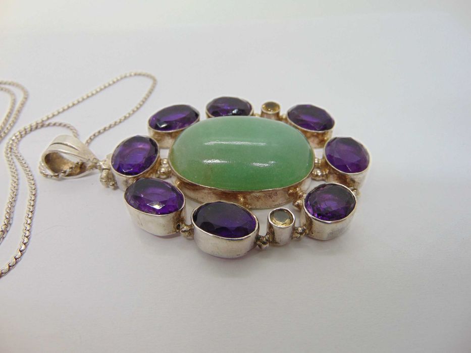 Lant si pandantiv mare din argint cu jad, ametist si citrin