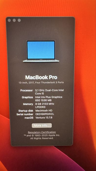 MacBook Pro 13” 2017 i5 /8GB RAM/256GB/4x Thunderbolt/stare impecabila