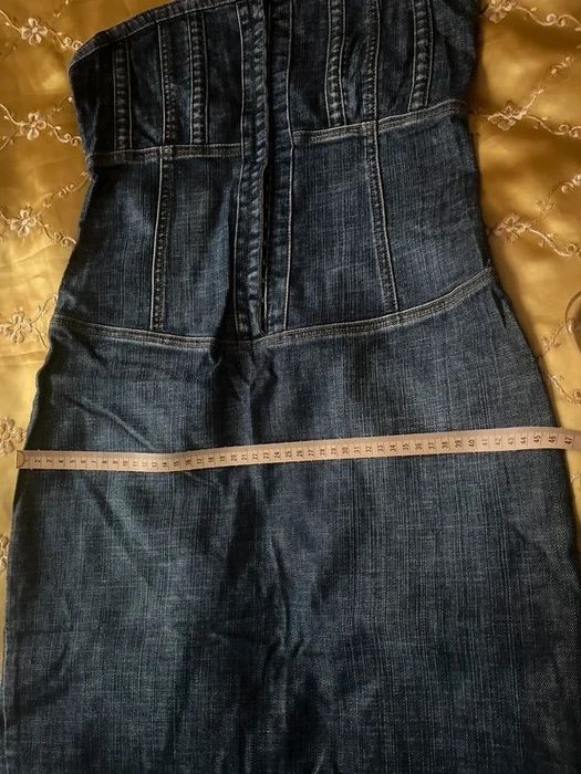 Rochie denim, blugi, mulata, cu umerii goi