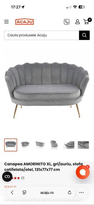 Canapea 2 persoane catifea gri Acaju