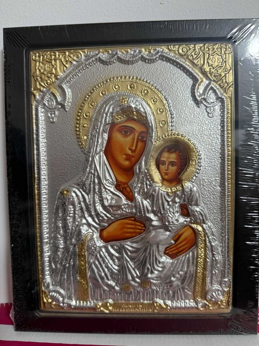 icoana veche icoana argintata dim 20x24 cm maica domnului cu pruncul