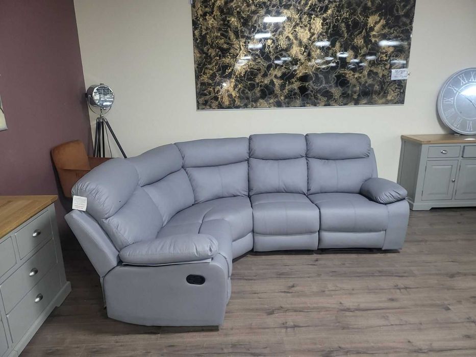 Сив кожен ъглов диван с релаксиращ механизъм от изкуствена кожа