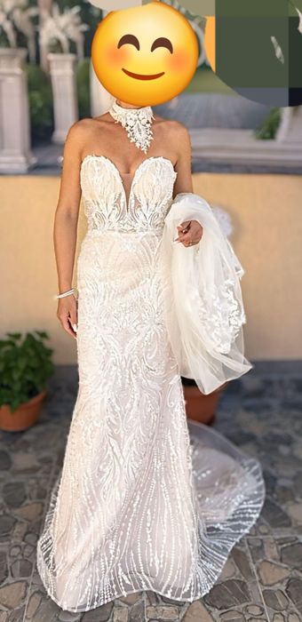 Rochie mireasa  sirena XS / S cu fusta detasabila tip printesa, choker,maneci detasabile, voal